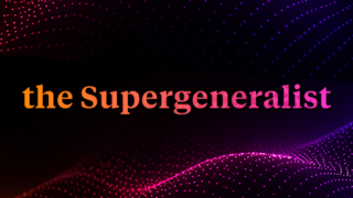 the Supergeneralist on black background with wavy pink and purple dots