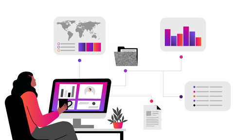 Illustration of woman sitting at desk looking at insights dashboard