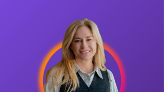 Cassie Pike with orange gradient glow and purple background behind