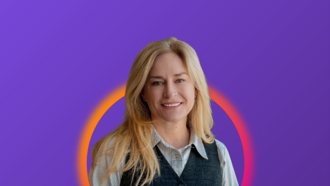 Cassie Pike with orange gradient glow and purple background behind