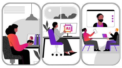 Illustration of people using AI at work