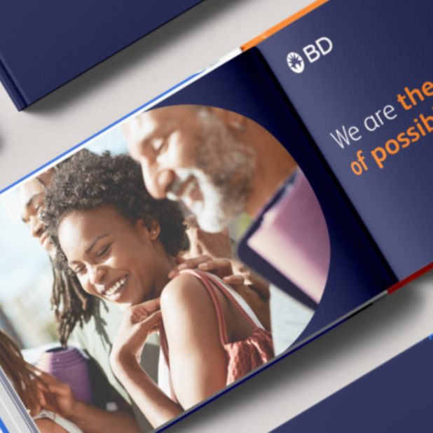 Smiling man and woman on brochure cover