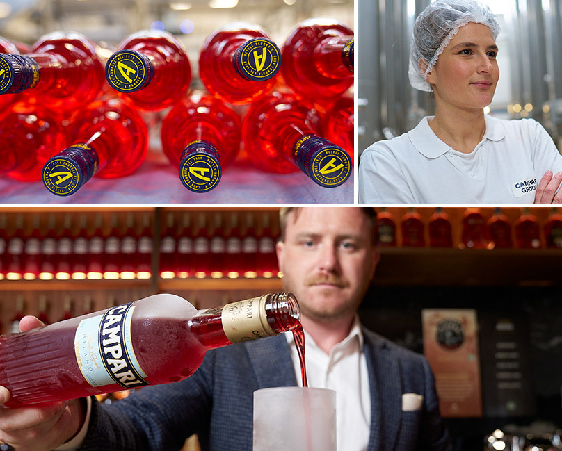 Campari bottles, employee smiling and man in suit pouring Campari