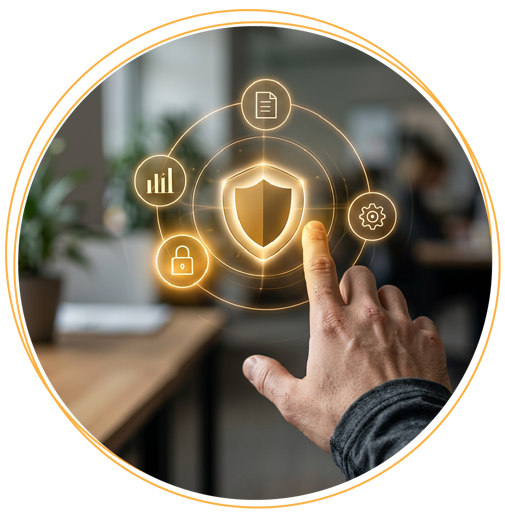hand touching a yellow shield icon in the middle of smaller icons indicating security