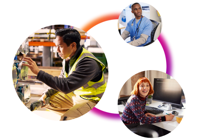 Three people doing various work tasks in circles