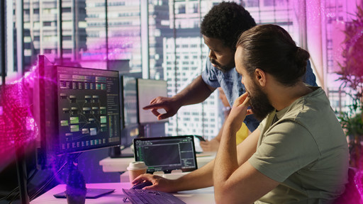 Two individuals discussing content on screen at desk