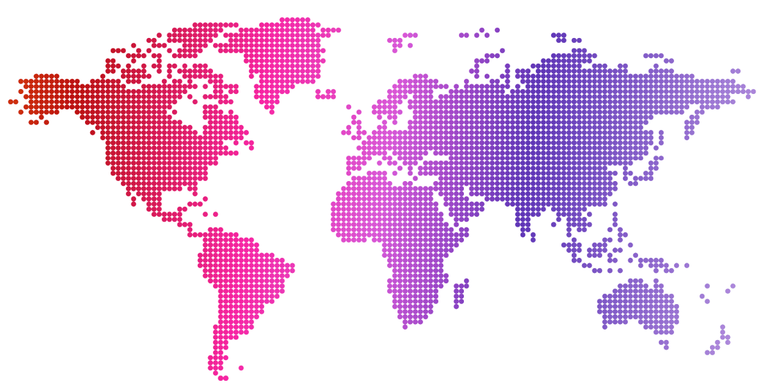 World map made of red, pink and purple dots showing Cielo’s global talent acquisition presence with North America, Latin America, EMEA, and Asia Pacific labels