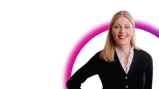 Sally Hunter in front of white background with pink and purple half circle graphic