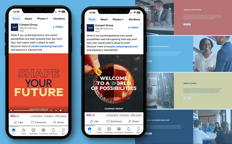 Examples of Campari’s social posts of “SHAPE YOUR FUTURE” and “WELCOME TO A WORLD OF POSSIBILITIES” shown on a mobile device.